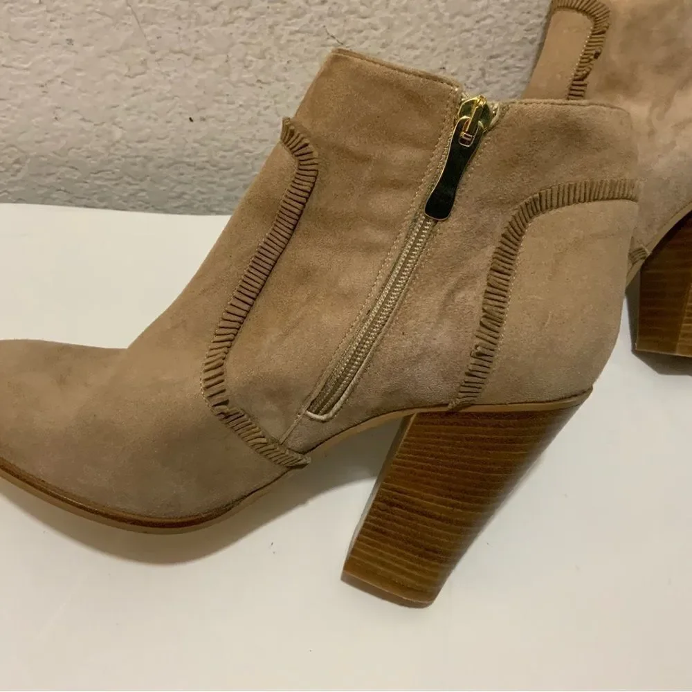 New Dee Keller Tan Suede Mini Fringe Details Ankle Boots Side Zip US 9 EU 39